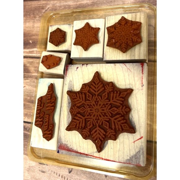 2001 STAMPIN' UP! SNOWFLAKES WOOD MOUNTED RUBBER STAMP SET OF 6 WINTER WISHES - Picture 4 of 5